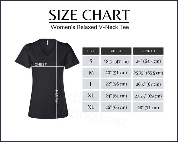 Bella Canvas 6405 V-neck Tee Size Chart, Metric, Inch (digital