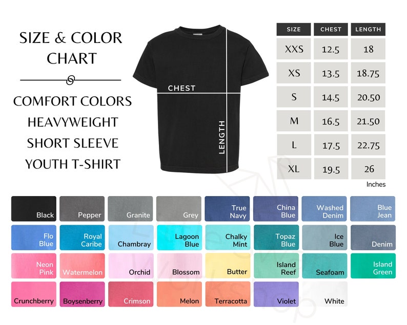 May include: Size chart for heavyweight short sleeve youth t-shirts. The chart shows sizes from XXS to XL with corresponding chest and length measurements in inches. A color chart shows a variety of colors including black, grey, navy, blue, green, pink, and more.