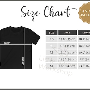 Gildan 64000B Größentabelle, Gildan G640B Jugend T-Shirt Größentabelle, Gildan 64000B Schwarz Mockup und Größentabelle