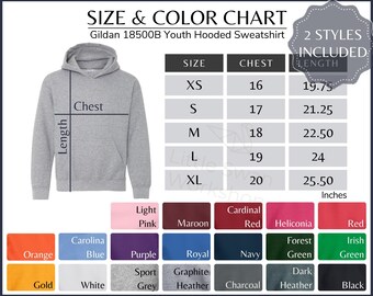 Gildan 18500B Color Chart, Gildan G185B Youth Sweatshirt Size and Color Guide, 18500B Every Color Mockups and size table, All Colors