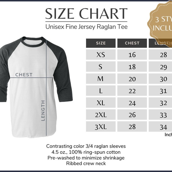 Tultex 245 Size Chart - 245TC Tultex 3/4 Raglan Size Table - Tultex 245 Mockup and Size Guide, 245 TC Adult