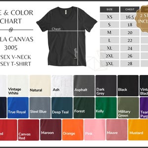 Tabla de colores y tallas de la camiseta con cuello en V BC 3005 de Bella Canvas Color Char, maquetas de todos los colores y guía de tallas, todos los colores