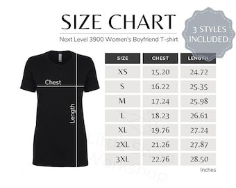 Next Level 3900 サイズ表、レディースボーイフレンドTシャツサイズ