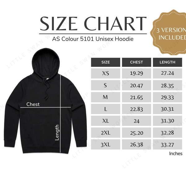 AS Colour 5101 Size Chart, Unisex Hoodie Size Guide, Hooded Sweatshirt Sizing Table