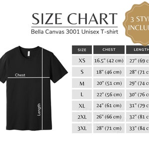 Könnte beinhalten: Größentabelle für ein Bella Canvas 3001 Unisex T-Shirt. Die Tabelle zeigt die Brust- und Längenmaße in Zoll und Zentimetern für die Größen XS bis 3XL.