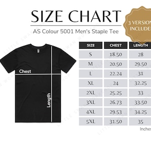 AS Colour 5001 Size Chart, Men&#39;s Staple Tee Sizing Table, 3 versions included
