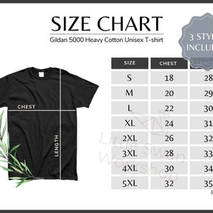 Gildan 5000 Size Chart, G500 Size Chart, Gildan Mockup and Size Table, Gildan 5000 T-shirt white background size guide