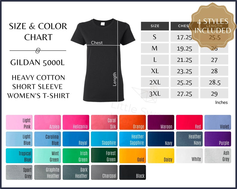 Gildan 5000L Color Chart G500L Women's T-shirt Size and - Etsy
