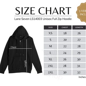 Lane Seven LS14003 Size Chart, Full Zip Hoodie Size Guide, LS Sizing Table