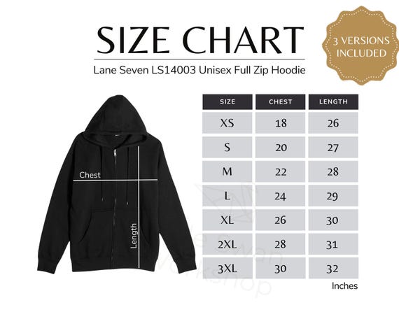 Lane Seven LS14003 Size Chart, Full Zip Hoodie Size Guide