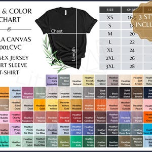 Tabla de colores Bella Canvas 3001cvc, tabla de colores y tallas de camisetas unisex BC, guía de tallas para todos los colores jaspeados
