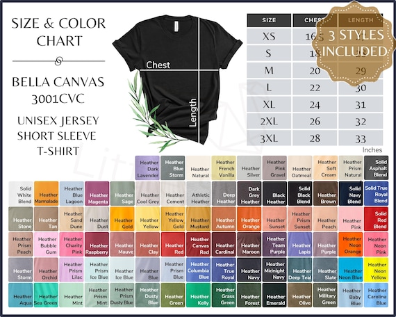 Bella Canvas 3001cvc Heather Color Chart & Size Guide (Digital Download)