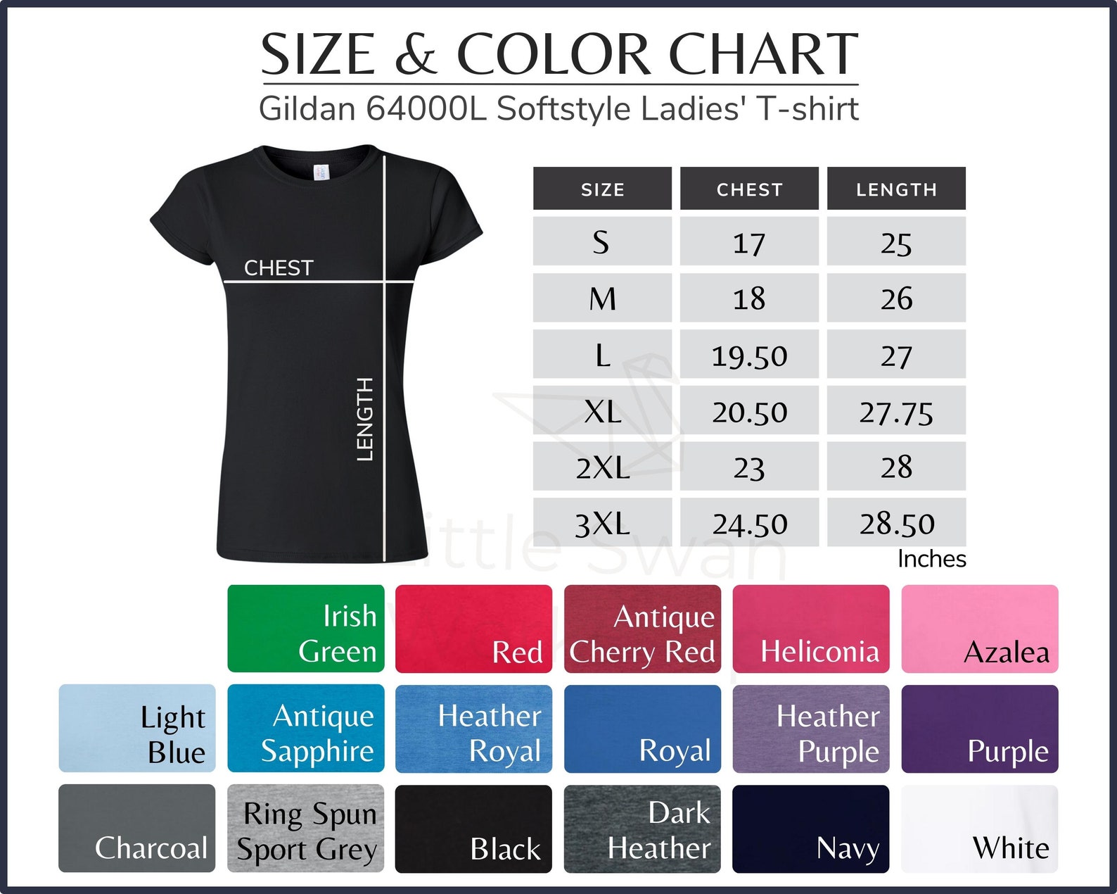 Gildan 64000L Color Chart, G640L Size and Color Guide, 6400L Color and ...