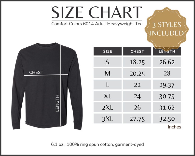 Comfort Colors 6014 Size Chart, Comfort Colors 6014 Size Table, Size ...