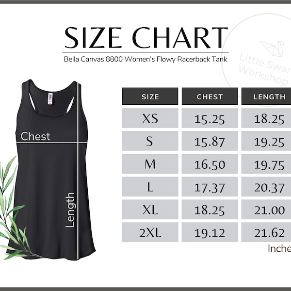 Bella Canvas 8800 Size Chart - 8800 Women's Flowy Racerback Tank Size Table - 8800 Mockup and Size Guide, White background