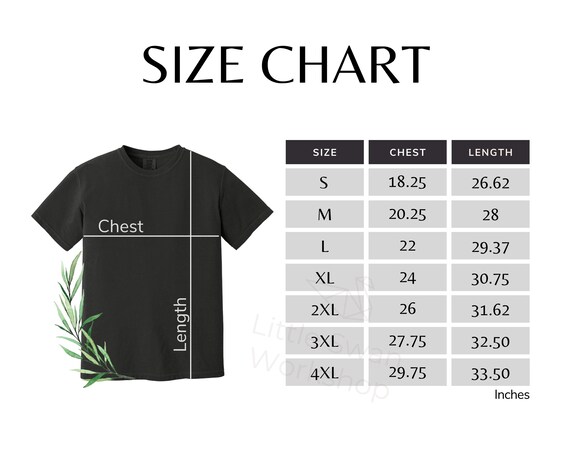 Comfort Colors 1717 サイズ表：Tシャツのサイズガイド（デジタル