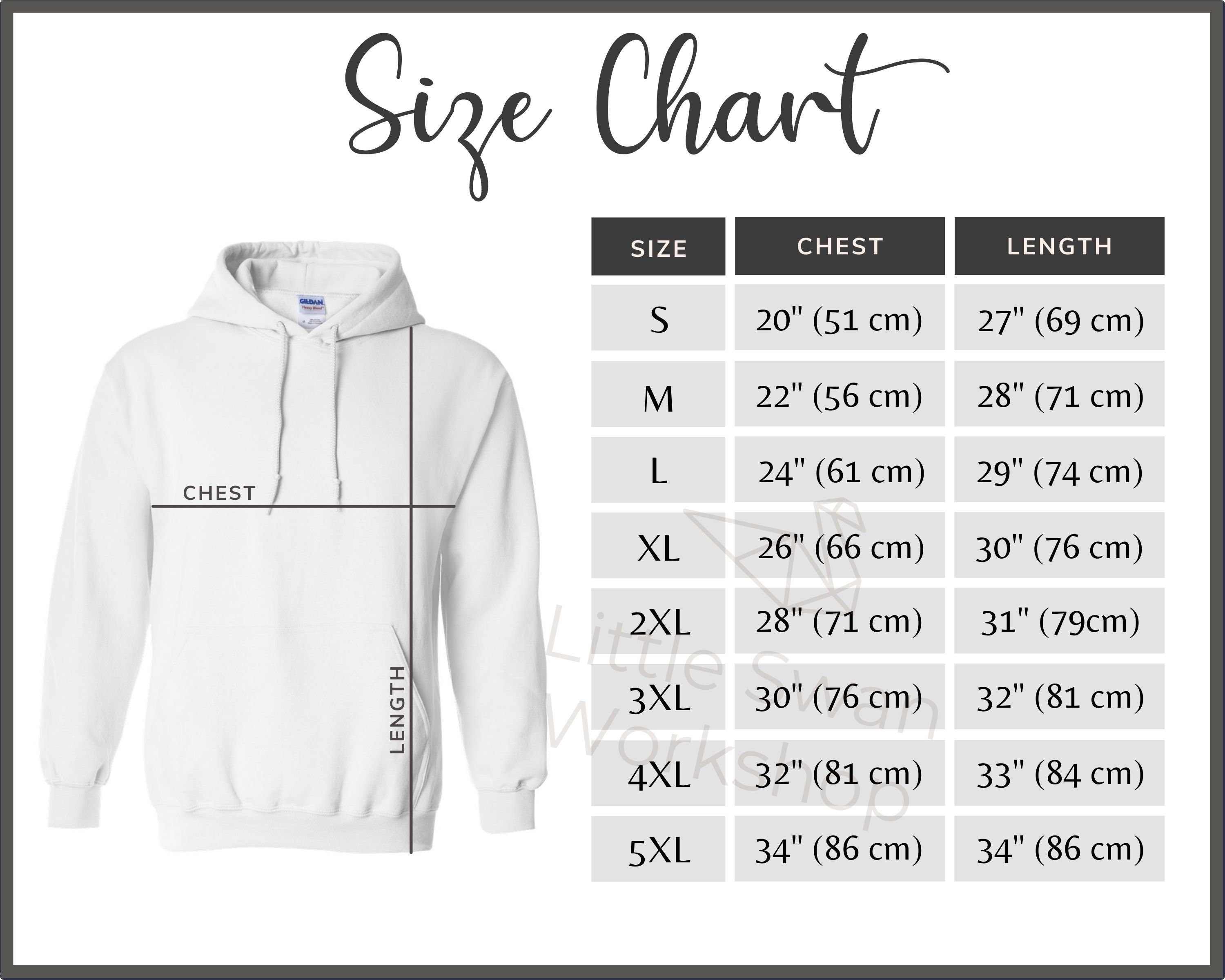 Size Chart for Gildan G185 Mens Heavy Blend 50/50 Hood