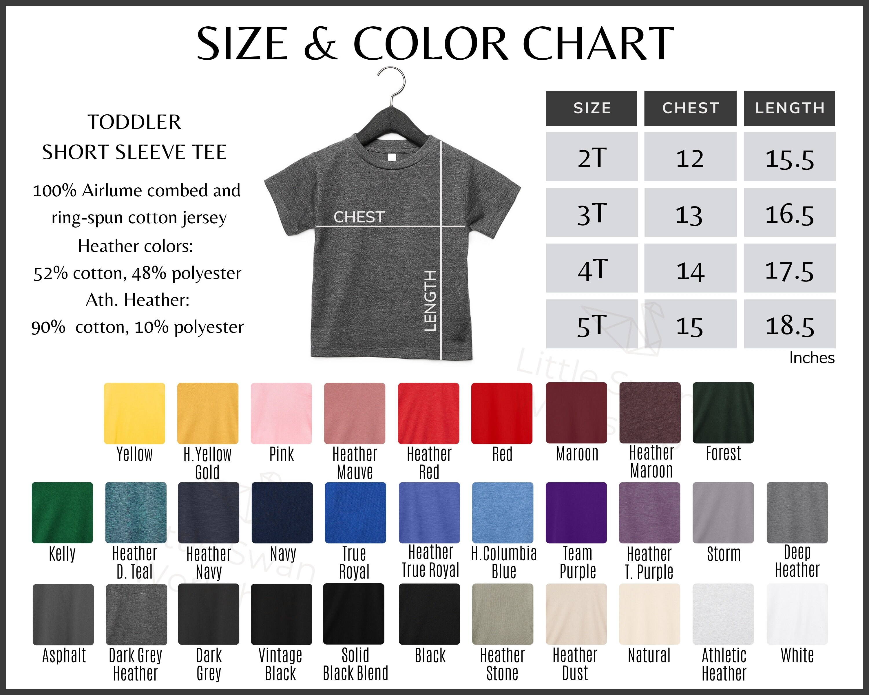 Bella Canvas 3001T Color Chart, 3001T Size and Color Guide 3001T Color ...