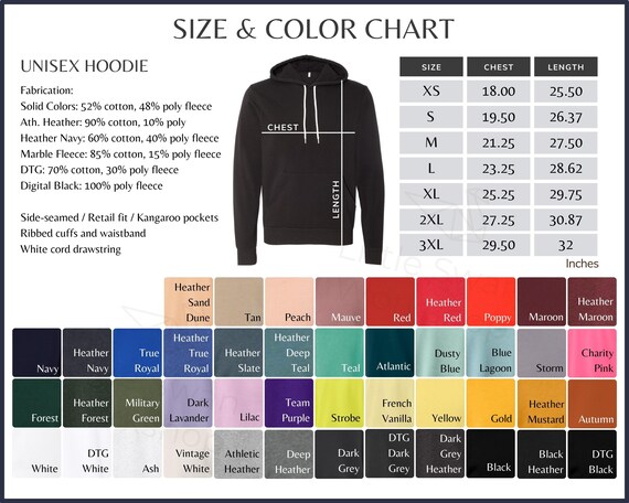 Bella Canvas 3719 Color Chart - 3719 Unisex Sponge Hoodie Size and