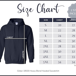 Gildan 18500 Size Chart - Gildan G185 Adult Hooded Sweatshirt Size Guide- Gildan Navy Mockup and Size Table - White background