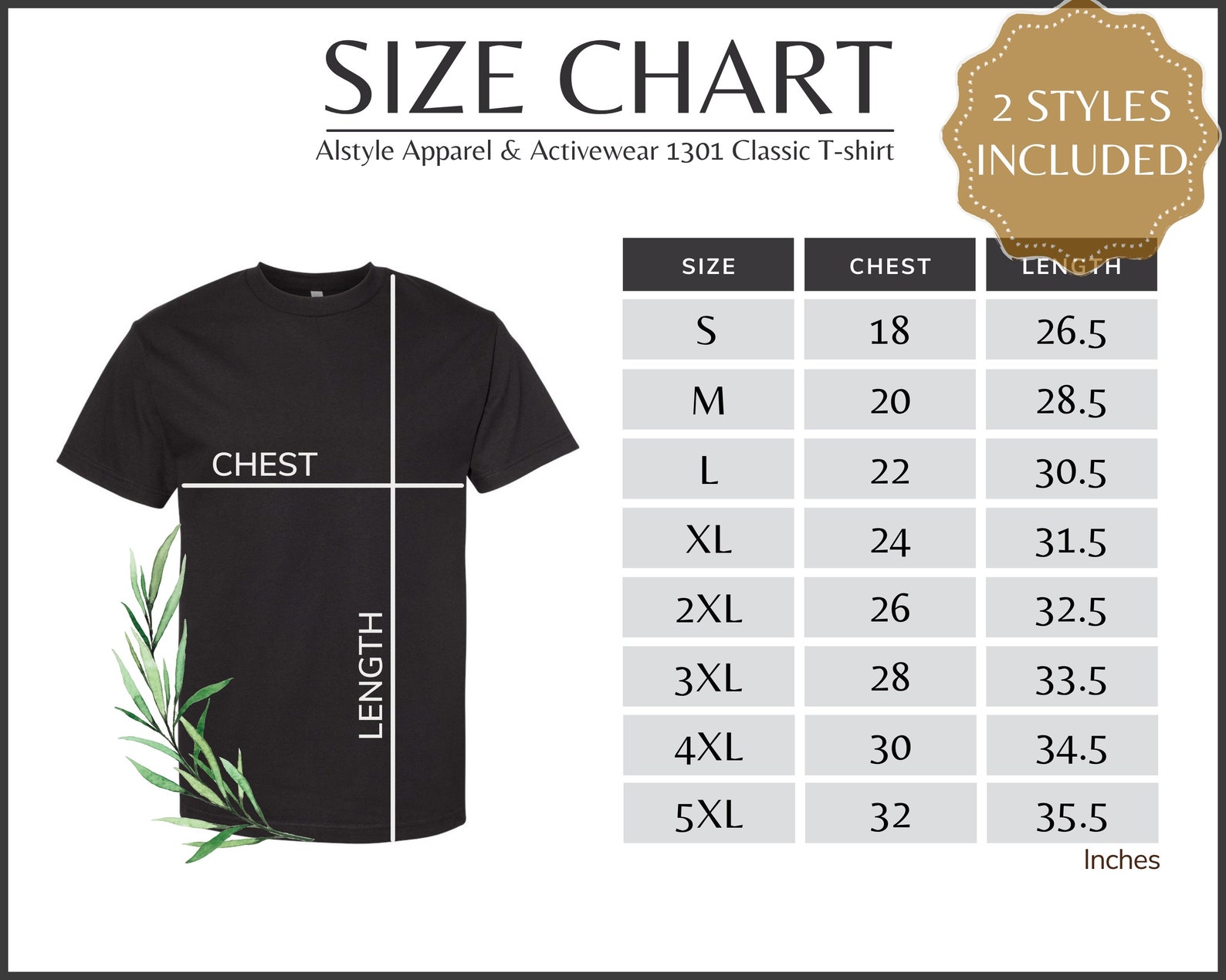 Alstyle 1301 Size Chart Alstyle 1301 Classic T-shirt Size | Etsy
