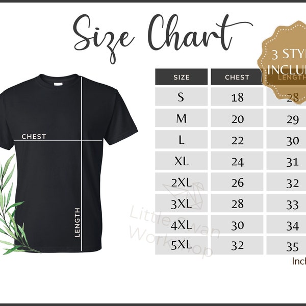 Gildan 8000 Size Chart - Gildan 8000 DryBlend Size Guide - G800 Black Mockup and Size Table, White background