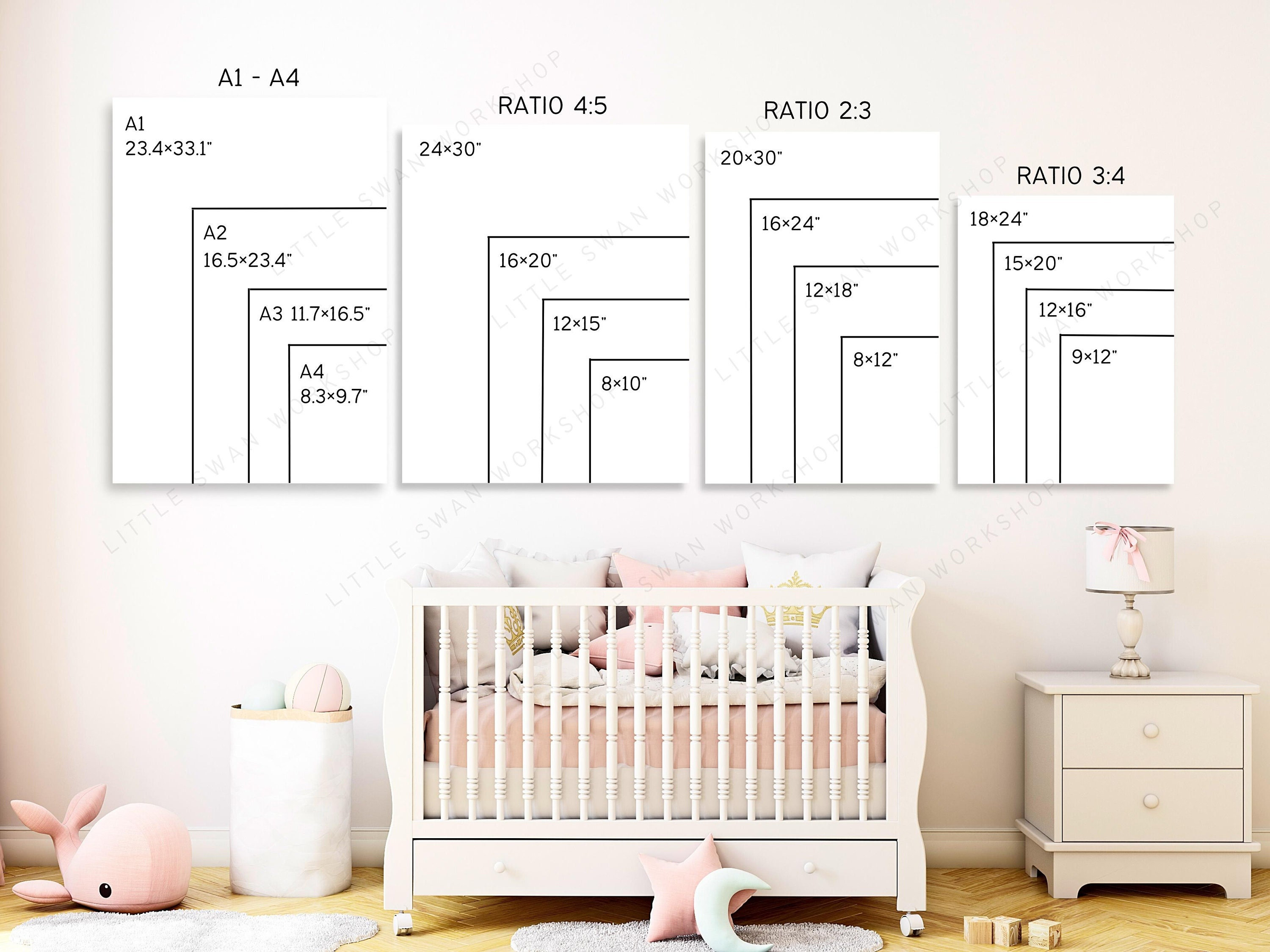 Wall Art Size Chart, Kids Room Frame Size Guide, Ratio Table, Nursery Wall Display, Digital Poster Sizes, A4, 2:3