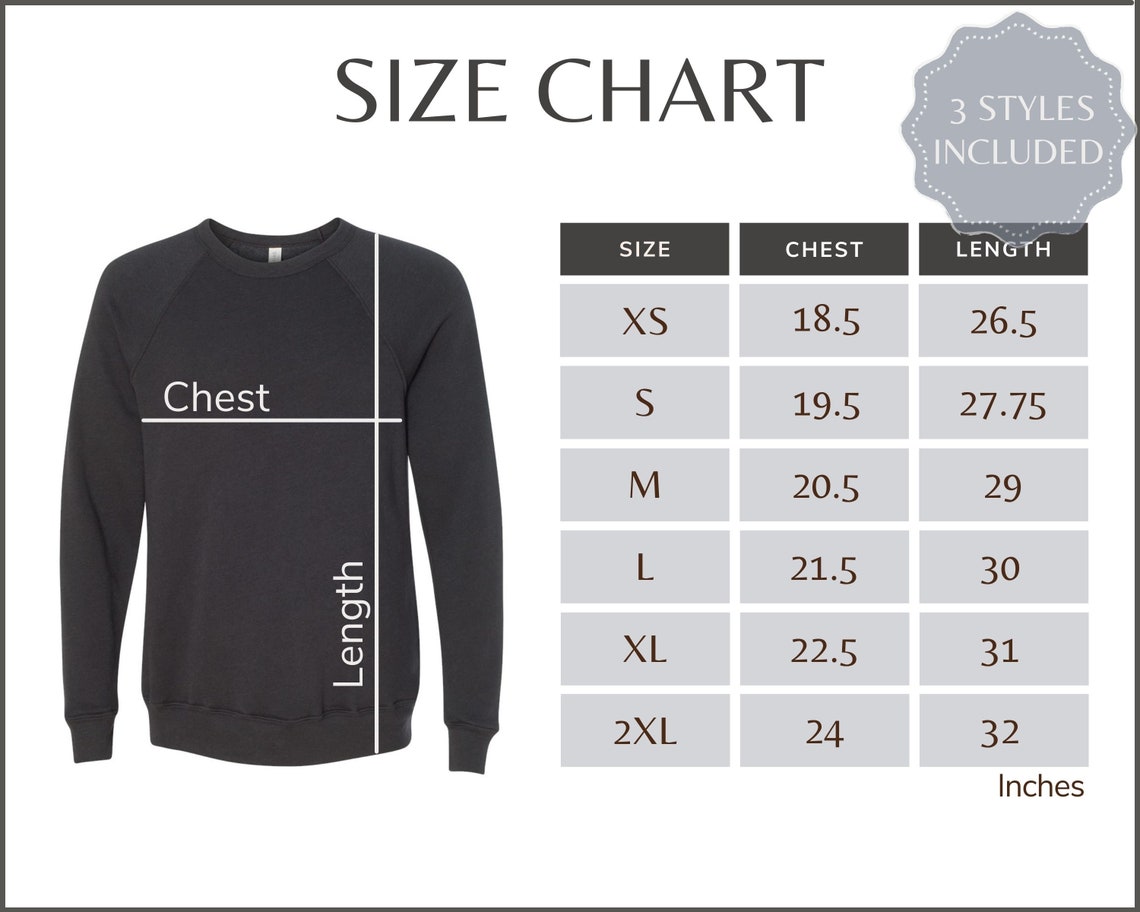 Bella Canvas 3901 Size Chart 3901 Crewneck Sweatshirt Size - Etsy UK