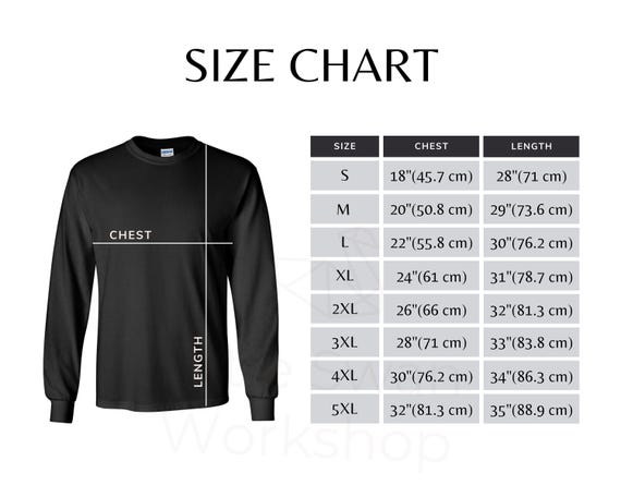 Gildan 2400 長袖Tシャツ サイズ表 - インチ＆cm（デジタル