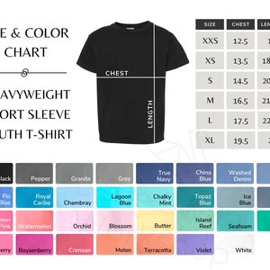 May include: Size chart for heavyweight short sleeve youth t-shirts. The chart shows sizes from XXS to XL with corresponding chest and length measurements in inches. The chart is accompanied by a color chart with various colors, including black, grey, blue, green, and pink.
