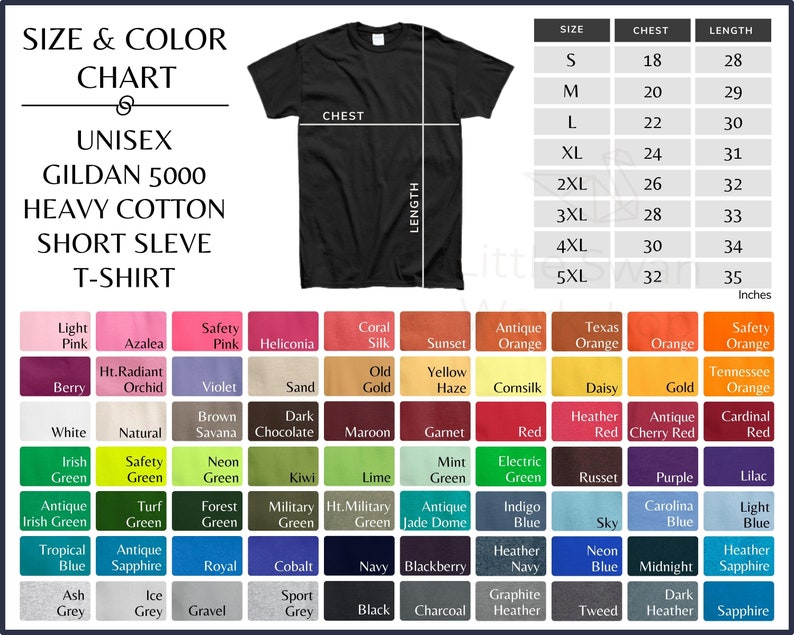Gildan 5000 Color Chart Gildan G500 Unisex Adult T-shirt Size | Etsy