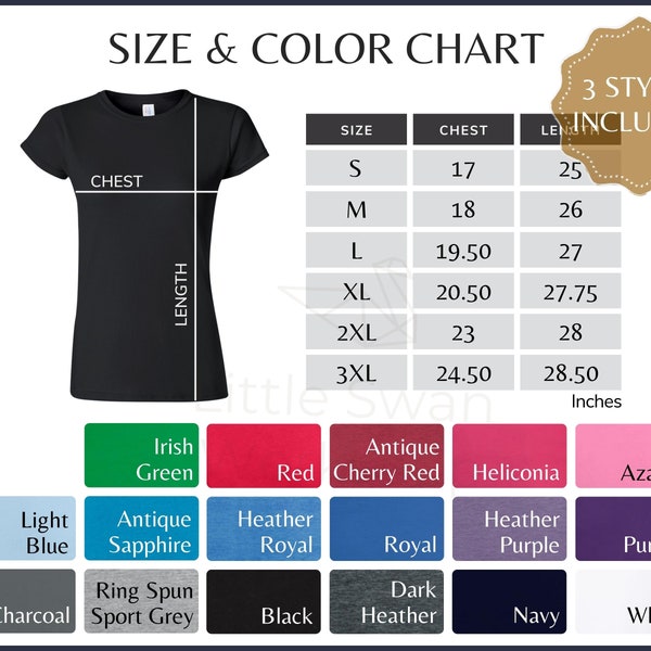 Gildan 64000L Color Chart, G640L Size and Color Guide, 6400L Color and Size Table, All Colors