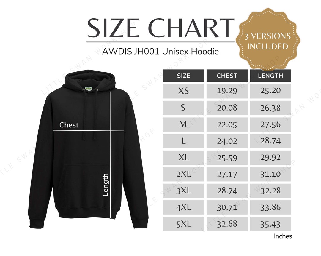 AWDIS JH001 Size Chart, Unisex Hoodie Size Table, JH 001 Sizing Guide ...