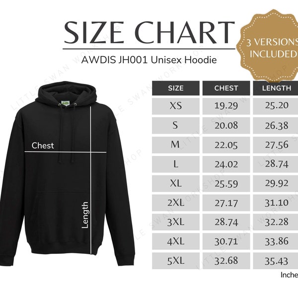 AWDIS JH001 Size Chart, Unisex Hoodie Size Table, JH 001 Sizing Guide