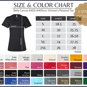 Tabla de colores Bella Canvas 6405+6405cvc, tabla de colores y tallas de camisetas con escote en V relajado, guía de todos los colores, todos los colores