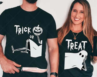 Matching Couples Halloween Shirts Trick or Treat Couple Shirts Funny Halloween Couple Costume Skeleton Ghost Matching Shirts