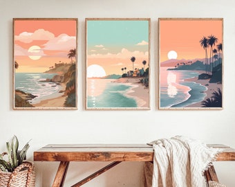 California Wall Art Set, Beach vibes, Ocean Print, Beach scene, Palm Tree print, Boho Beach print, Surf, Beachy Wall Decor, New Home Gift