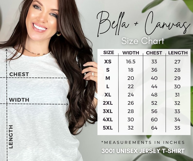 May include: A woman wearing a light gray t-shirt. The image includes a size chart for a unisex jersey t-shirt, with measurements in inches for width, chest, and length, ranging from XS to 5XL.