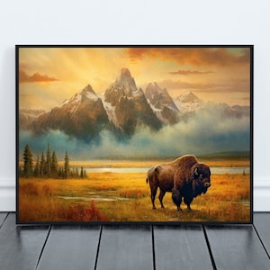 Grand Tetons Art, Wyoming Art, Yellowstone Print, Buffalo Wall Art, Travel Poster, National Parks Art, Landscape Art, Western Home gift