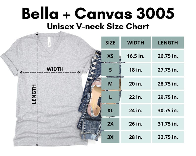 May include: A light gray Bella + Canvas 3005 unisex V-neck t-shirt with a size chart. The chart shows measurements for width and length in inches, ranging from XS to 3X. The shirt is paired with denim shorts and a sandal.