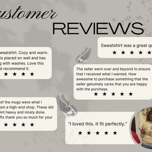 May include: Image featuring customer reviews with text that reads "Customer Reviews." Reviews praise the quality of a sweatshirt and mugs, and the seller's customer service. The reviews are accompanied by star ratings.
