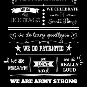 May include: Black sign with white text. The sign reads "IN THIS HOUSE" followed by phrases like "WE DO DEPLOYMENTS", "WE DO DOGTAGS", and "WE ARE ARMY STRONG". A space is provided for custom text.