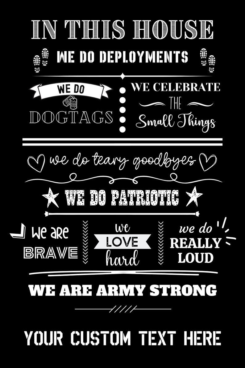 May include: Black sign with white text. The sign reads "IN THIS HOUSE" followed by phrases like "WE DO DEPLOYMENTS", "WE DO DOGTAGS", and "WE ARE ARMY STRONG". A space is provided for custom text.