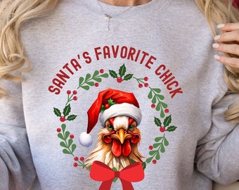 Сute Christmas Chickens Sweatshirt, Christmas Farm Animals Sweatshirt, Womens Christmas Chicken Sweatshirt, Santa's Favorite Chick