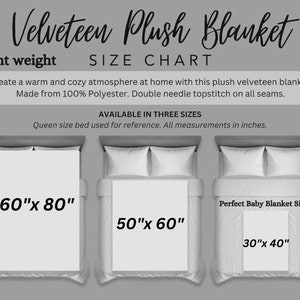 May include: Size chart for a light weight velveteen plush blanket. Available in three sizes: 60" x 80", 50" x 60", and 30" x 40". The text states the blanket is made of 100% polyester with double needle topstitch seams.