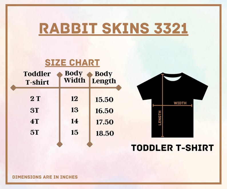 May include: A black toddler t-shirt with a size chart. The chart shows body width and length measurements in inches for sizes 2T, 3T, 4T, and 5T. The text "RABBIT SKINS 3321" is at the top.