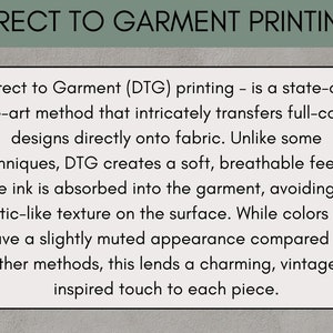 May include: Text on a light green background reads "DIRECT TO GARMENT PRINTING." Below, a white box contains text explaining Direct to Garment (DTG) printing, a method that transfers full-color designs directly onto fabric.