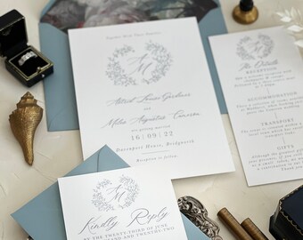 Floral Wedding Invitation Suite | Vintage Wedding Invite | Classic Wedding Invite | Foliage Wreath Crest Invitations | Luxury Invitations
