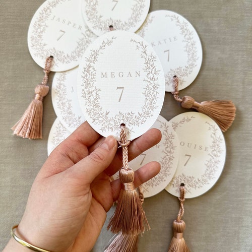 Personalized Oval Wedding Place Cards with Tassels: Drinks Token Favors