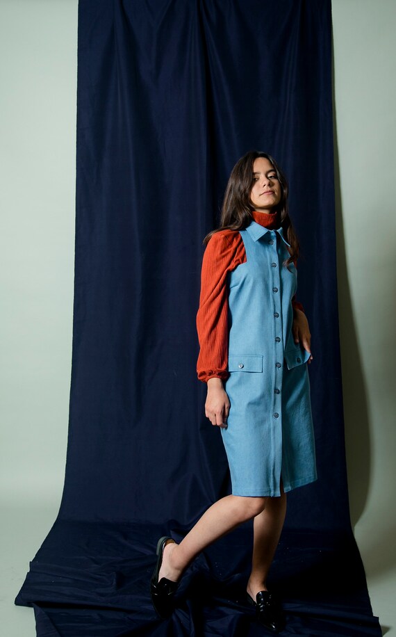 denim dress with turtleneck underneath Denim Dress With Turtleneck Underneath